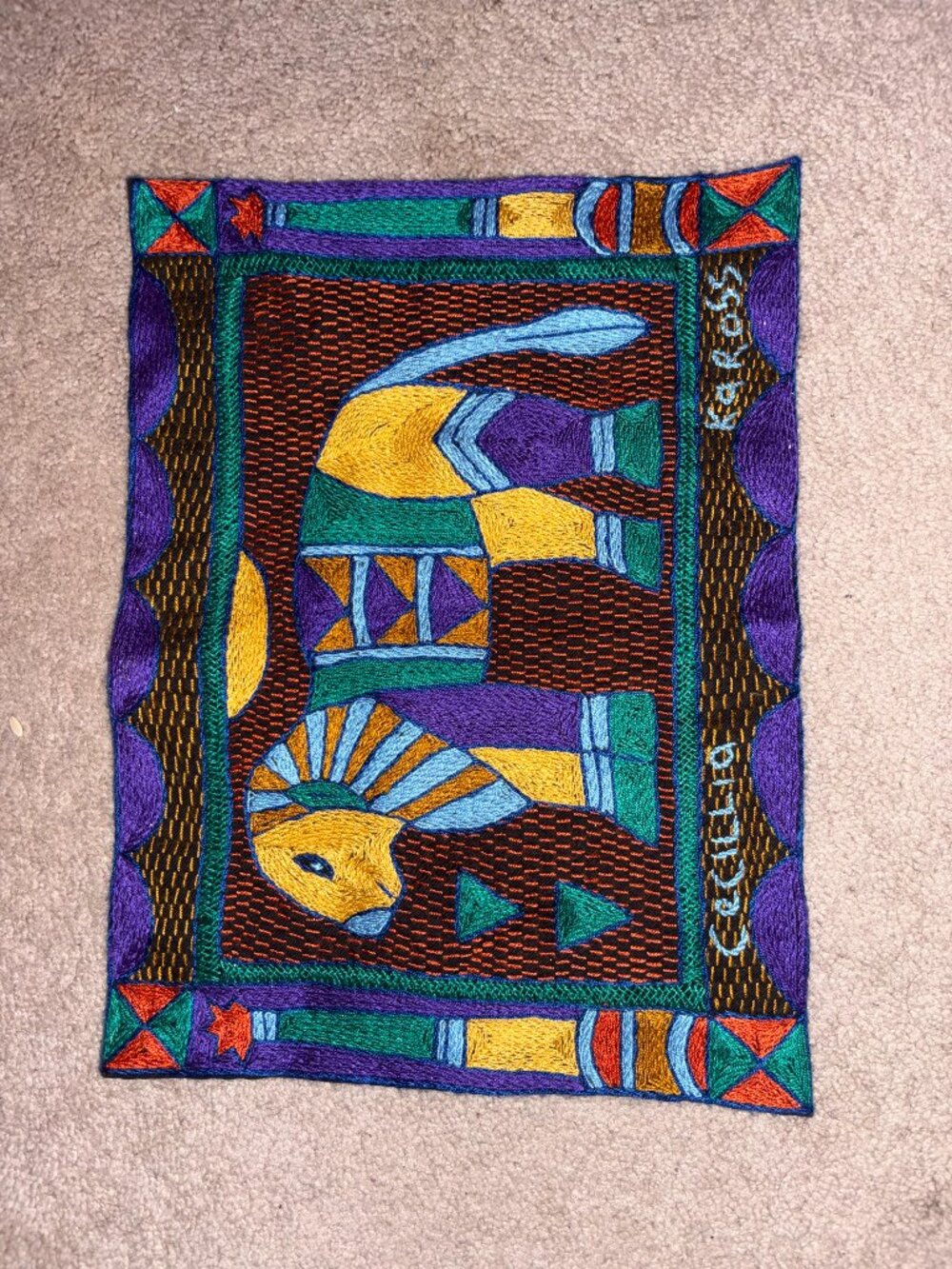 Vintage South African Kaross hand-embroidered textile art piece